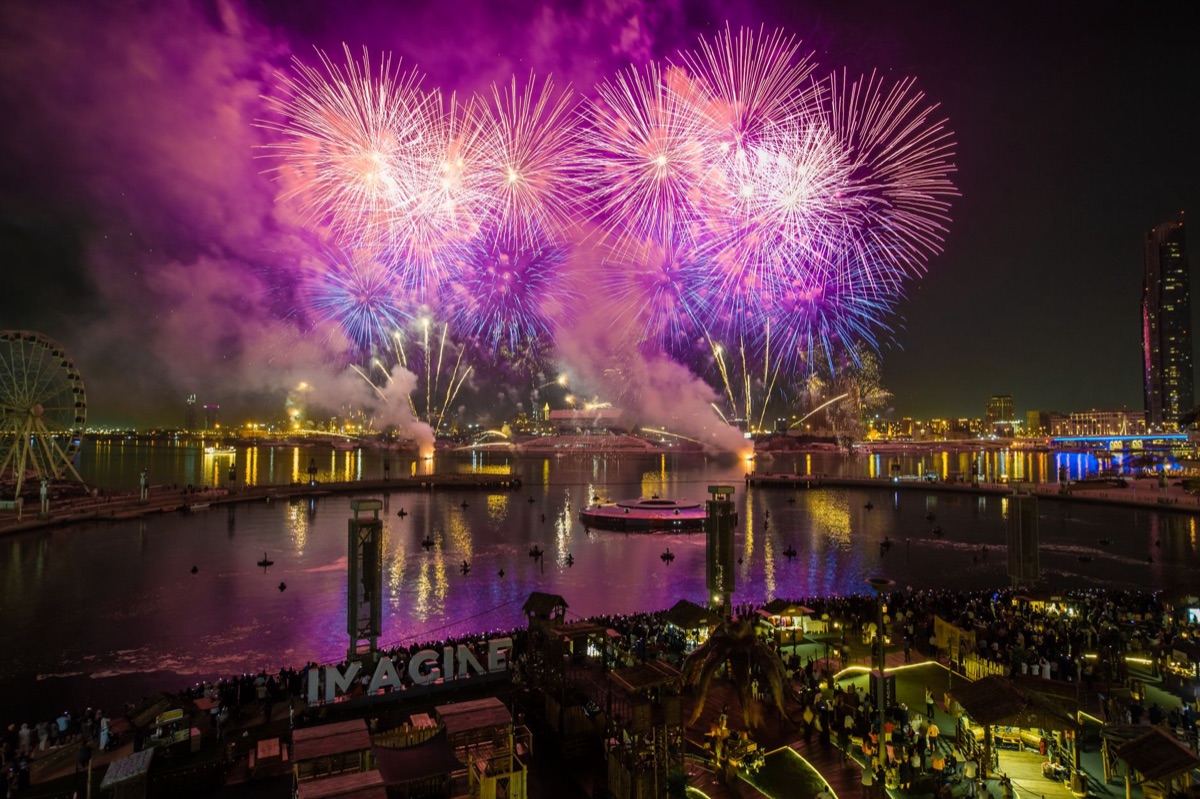 Dubai beach with fireworks