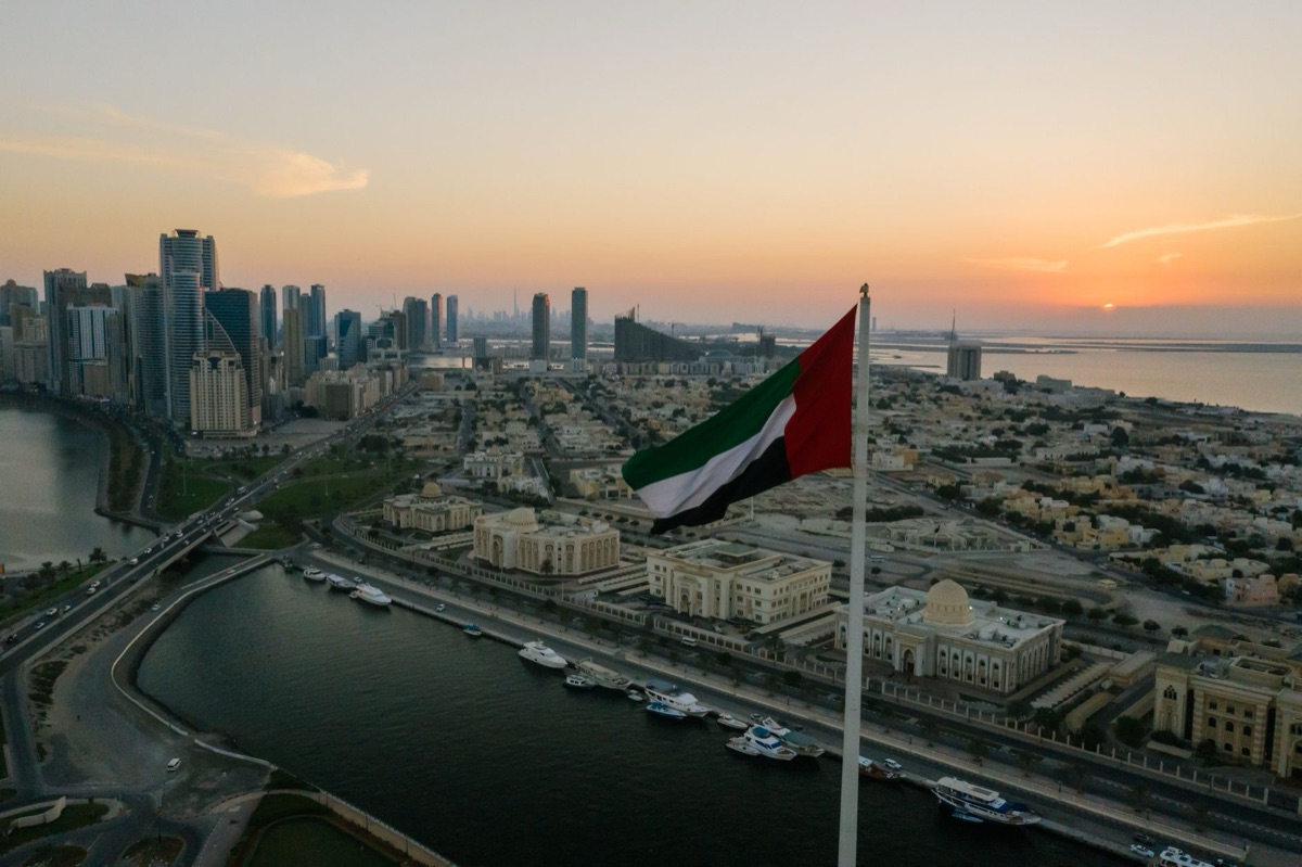 Dubai Skyline with International Flags