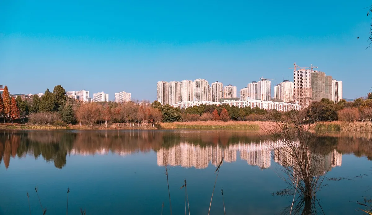 autumn, lake, nature, city, buildings, metropolitan area